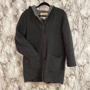 Vintage 90's Eddie Bauer Women's Dark Grey Wool Blend Lined Hooded Coat Medium